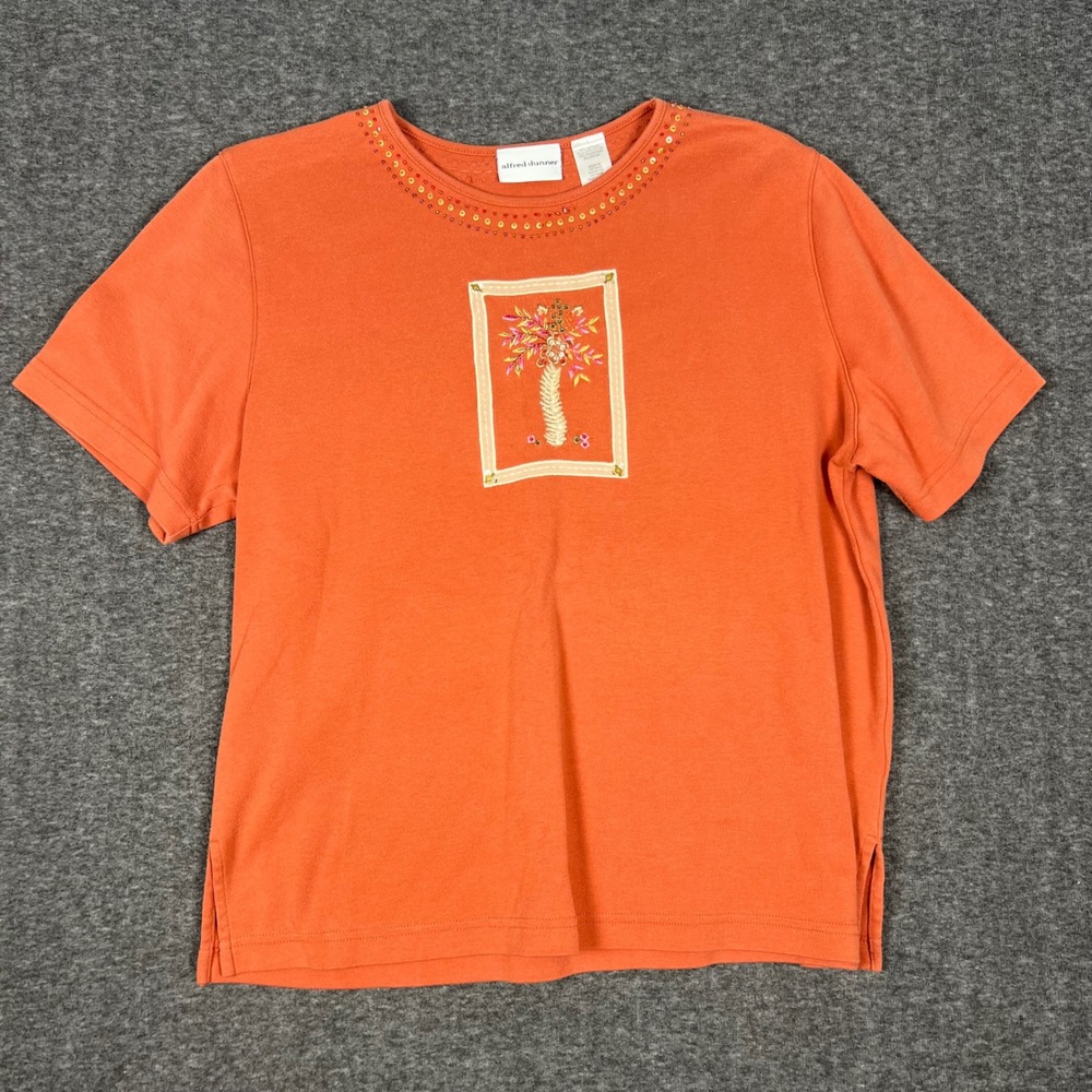 Alfred Dunner Palm Tree Beaded T-Shirt Womens Large Orange Short Sleeve Cottage